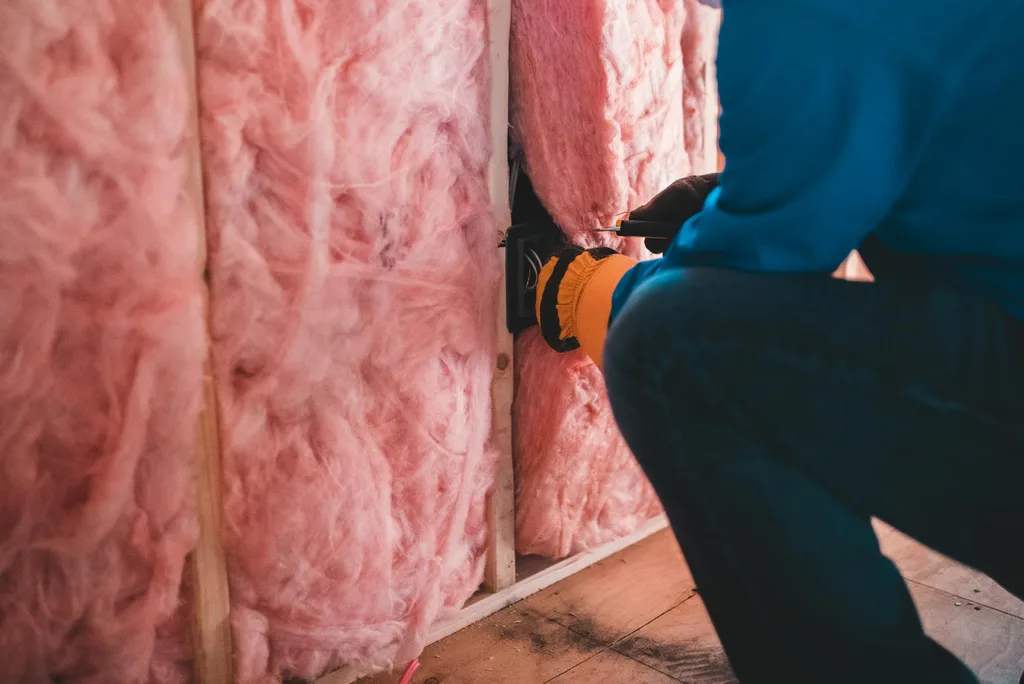Contractor installing pink fiberglass batt insulation between wall studs